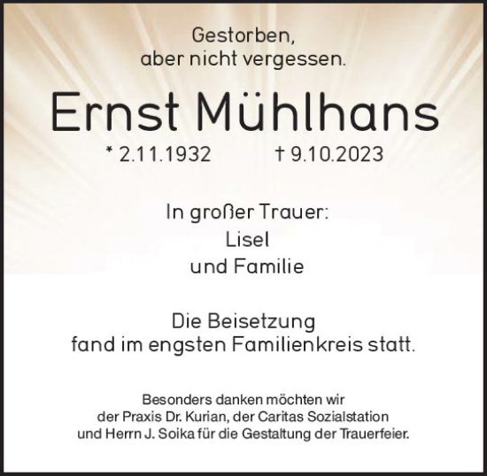 Traueranzeige von Ernst Mühlhans von Wetzlarer Neue Zeitung