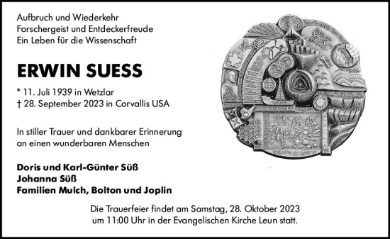Traueranzeige von Erwin Suess von Wetzlarer Neue Zeitung