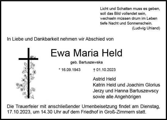 Traueranzeige von Ewa Maria Held von Darmstädter Echo