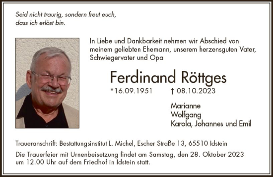 Traueranzeige von Ferdinand Röttges von Idsteiner Land/Untertaunus
