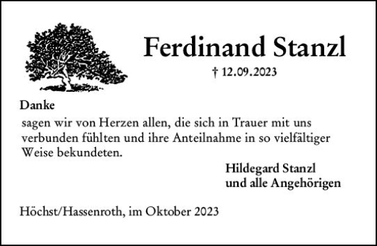 Traueranzeige von Ferdinand Stanzl von Odenwälder Echo