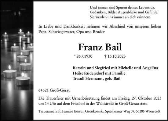 Traueranzeige von Franz Bail von Groß-Gerauer Echo