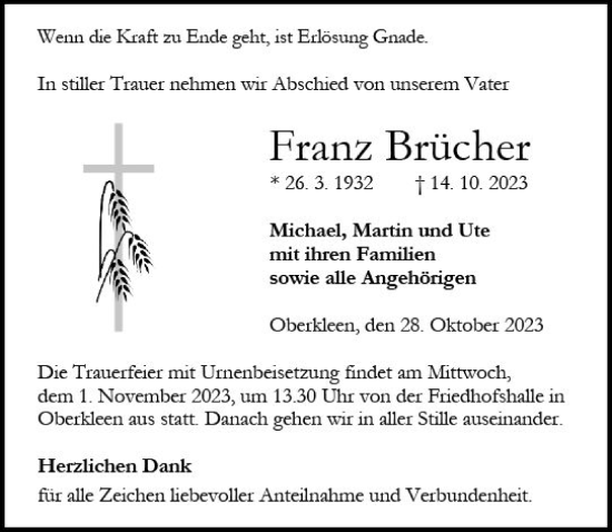 Traueranzeige von Franz Brücher von Wetzlarer Neue Zeitung