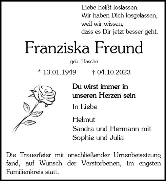 Traueranzeige von Franziska Freund von Darmstädter Echo