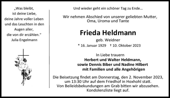 Traueranzeige von Frieda Heldmann von Darmstädter Echo