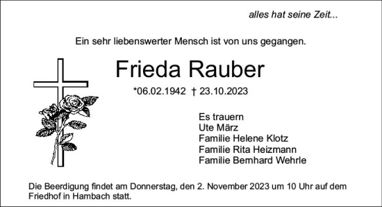 Traueranzeige von Frieda Rauber von Starkenburger Echo