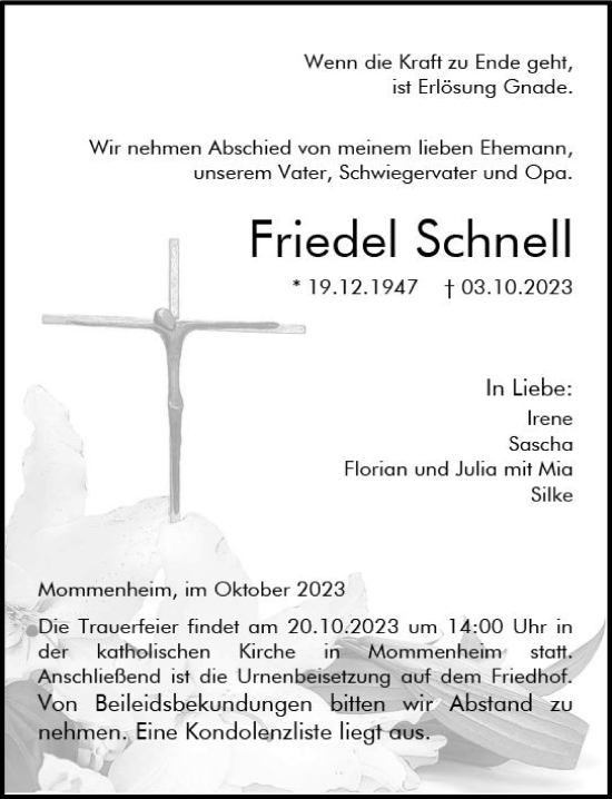 Traueranzeige von Friedel Schnell von Allgemeine Zeitung Mainz