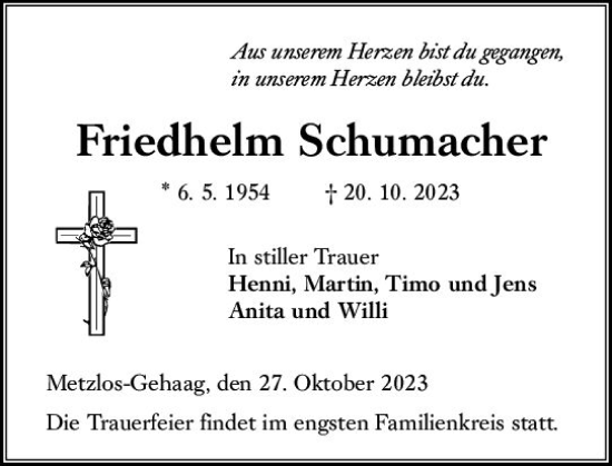 Traueranzeige von Friedhelm Schumacher von VRM Trauer