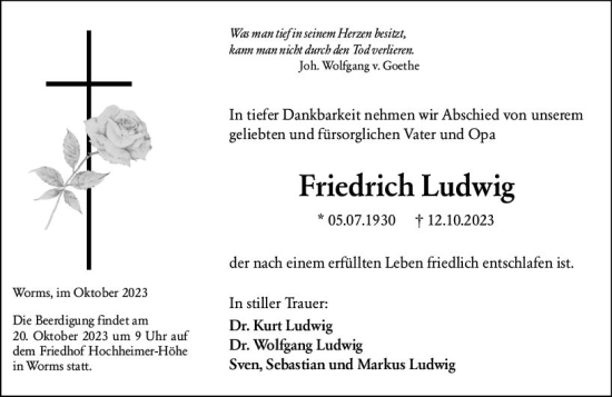 Traueranzeige von Friedrich Ludwig von Wormser Zeitung