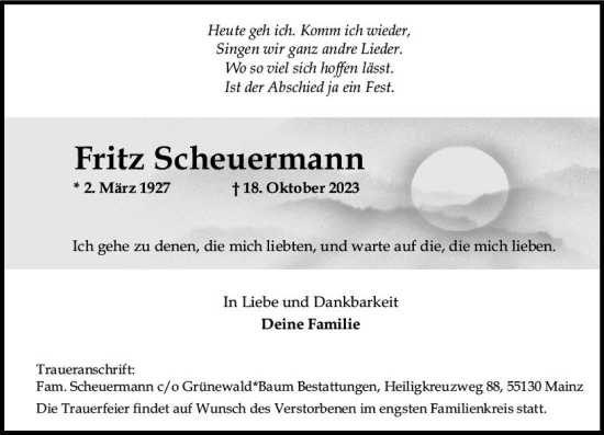 Traueranzeige von Fritz Scheuermann von Allgemeine Zeitung Mainz