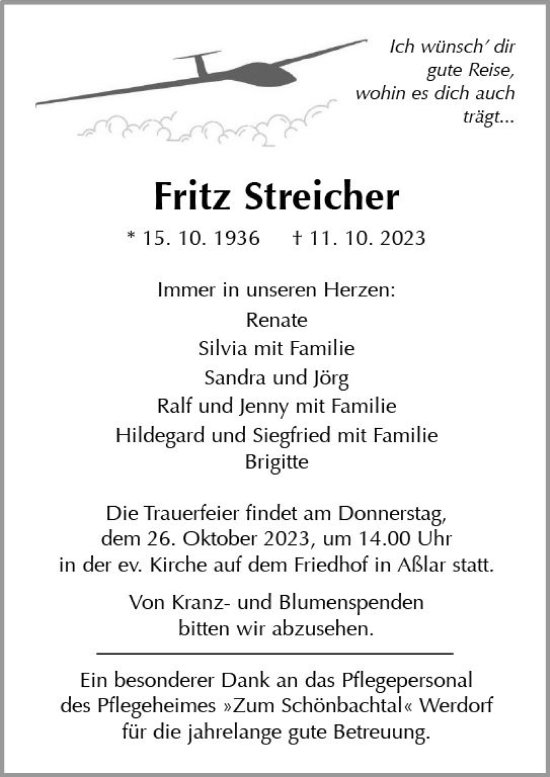Traueranzeige von Fritz Streicher von Wetzlarer Neue Zeitung