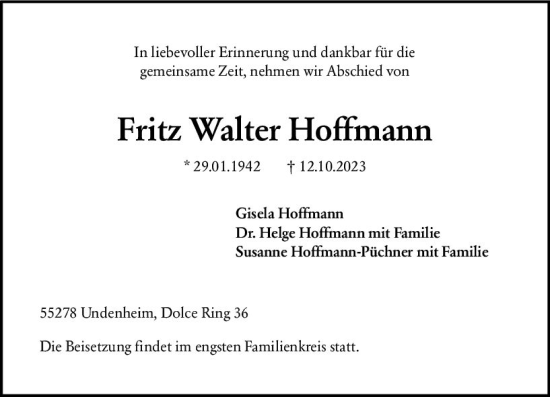 Traueranzeige von Fritz Walter Hoffmann von Allgemeine Zeitung Mainz