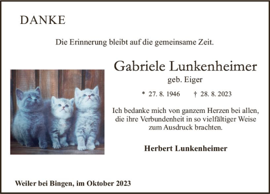 Traueranzeige von Gabriele Lunkenheimer von Allgemeine Zeitung Bingen/Ingelheim