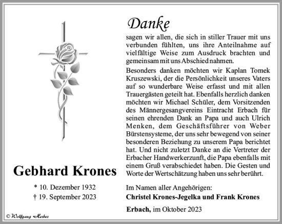 Traueranzeige von Gebhard Krones von Camberger Anzeiger