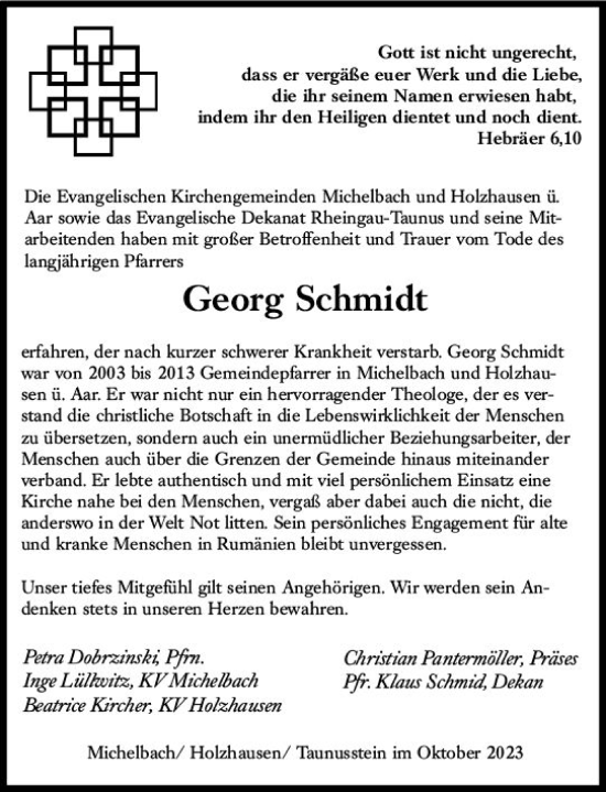 Traueranzeige von Georg Schmidt von Idsteiner Land/Untertaunus