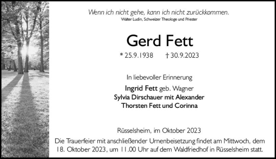 Traueranzeige von Gerd Fett von Rüsselsheimer Echo