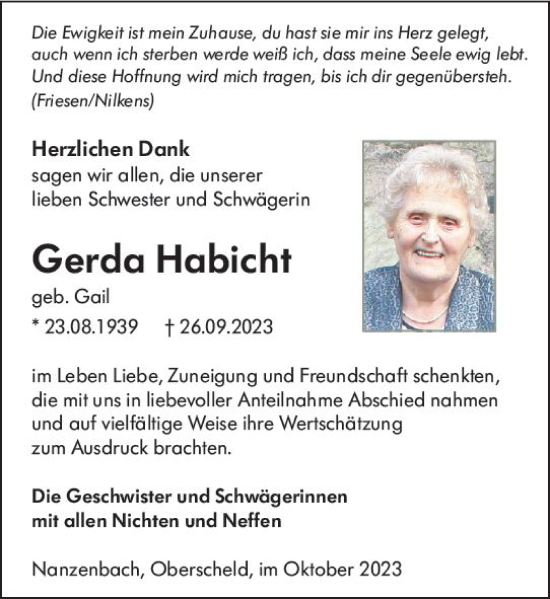 Traueranzeige von Gerda Habicht von Dill Block