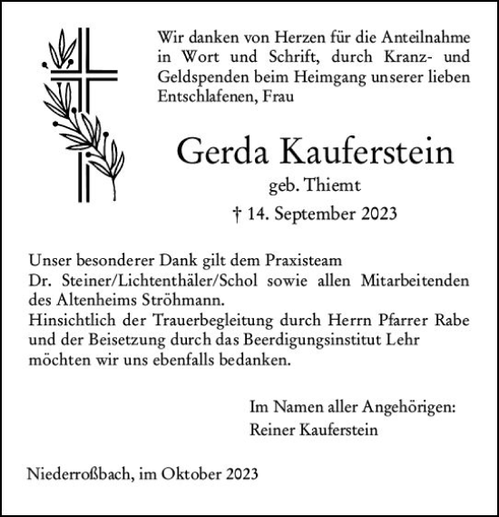 Traueranzeige von Gerda Kauferstein von Dill Block