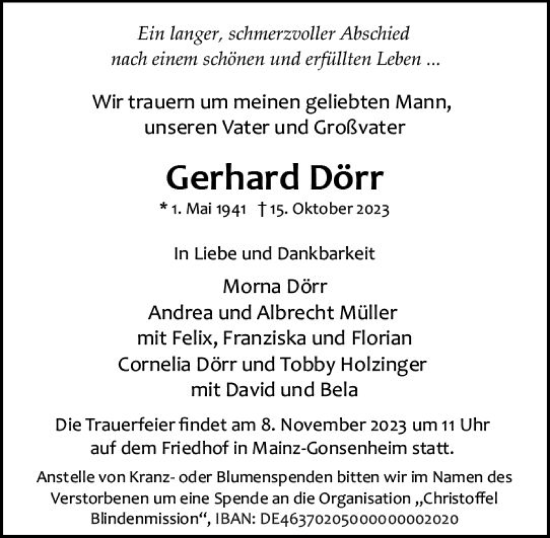 Traueranzeige von Gerhard Dörr von Allgemeine Zeitung Mainz