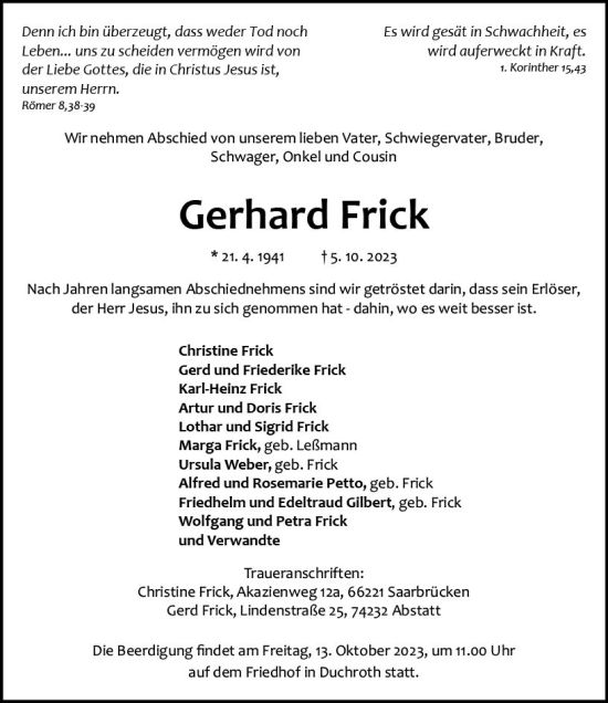 Traueranzeige von Gerhard Frick von Allgemeine Zeitung Bad Kreuznach