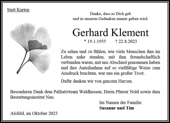 Traueranzeige von Gerhard Klement von Oberhessen Kurier
