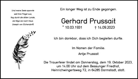 Traueranzeige von Gerhard Prussait von Darmstädter Echo