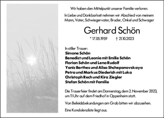 Traueranzeige von Gerhard Schön von Allgemeine Zeitung Mainz