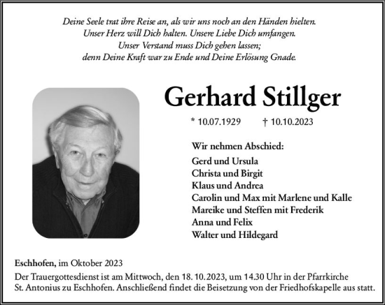 Traueranzeige von Gerhard Stillger von Nassauische Neue Presse