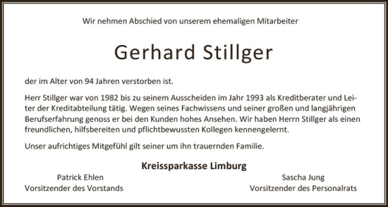Traueranzeige von Gerhard Stillger von Nassauische Neue Presse