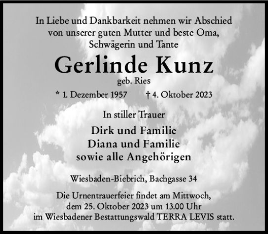 Traueranzeige von Gerlinde Kunz von Wiesbadener Kurier
