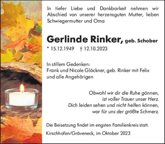 Traueranzeige von Gerlinde Rinker von Weilburger Tageblatt