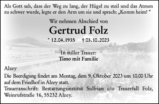 Traueranzeige von Gertrud Folz von Allgemeine Zeitung Alzey
