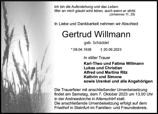 Traueranzeige von Gertrud Willmann von VRM Trauer