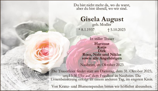 Traueranzeige von Gisela August von Rüsselsheimer Echo