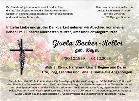 Traueranzeige von Gisela Becker-Keller von Allgemeine Zeitung Alzey