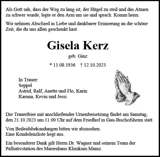 Traueranzeige von Gisela Kerz von Allgemeine Zeitung Mainz