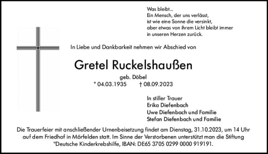 Traueranzeige von Gretel Ruckelshaußen von Groß-Gerauer Echo