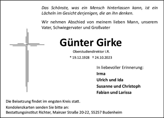 Traueranzeige von Günter Girke von Allgemeine Zeitung Mainz