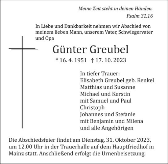 Traueranzeige von Günter Greubel von Allgemeine Zeitung Mainz