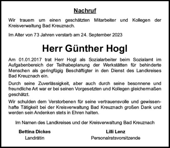 Traueranzeige von Günther Hogl von Allgemeine Zeitung Bad Kreuznach
