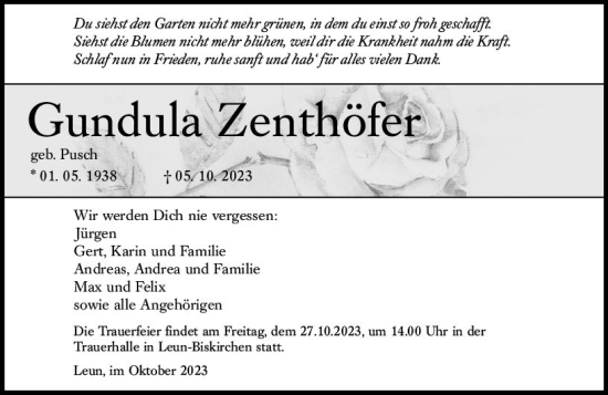 Traueranzeige von Gundula Zenthöfer von Wetzlarer Neue Zeitung