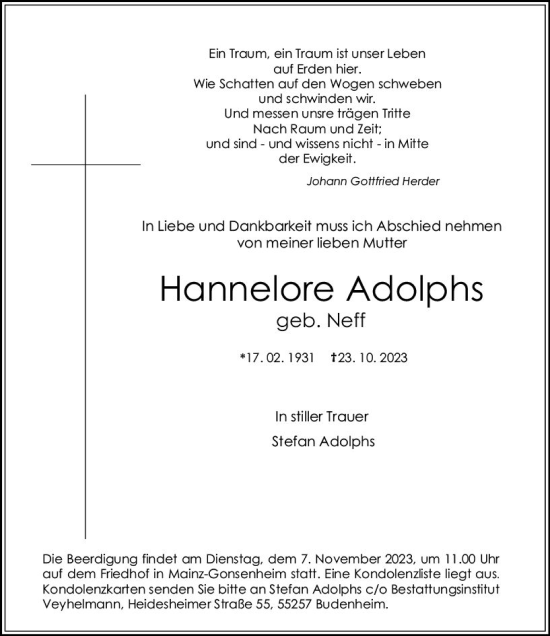 Traueranzeige von Hannelore Adolphs von Allgemeine Zeitung Mainz