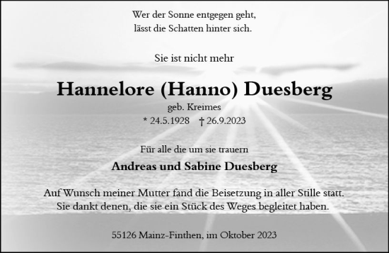 Traueranzeige von Hannelore  Duesberg von Allgemeine Zeitung Mainz