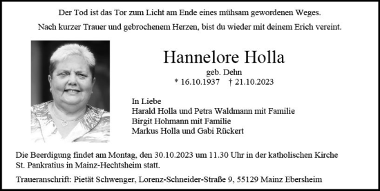 Traueranzeige von Hannelore Holla von Allgemeine Zeitung Mainz