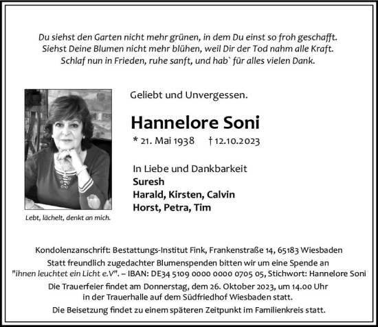 Traueranzeige von Hannelore Soni von Wiesbadener Kurier