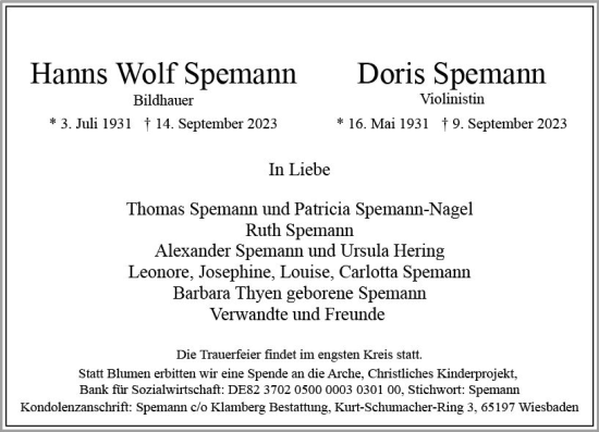 Traueranzeige von Hanns Wolf Spemann von Wiesbadener Kurier