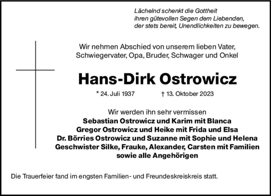Traueranzeige von Hans-Dirk Ostrowicz von Wiesbadener Kurier