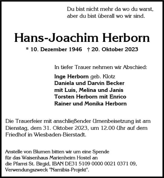 Traueranzeige von Hans-Joachim Herborn von Wiesbadener Kurier