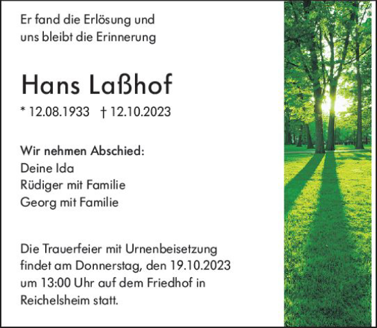 Traueranzeige von Hans Laßhof von Odenwälder Echo