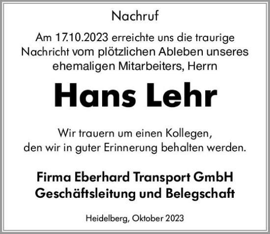 Traueranzeige von Hans Lehr von Odenwälder Echo